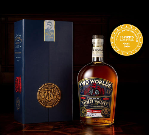 Two Worlds La Victoire First Edition Straight Bourbon Whiskey 700ml with a box and awards